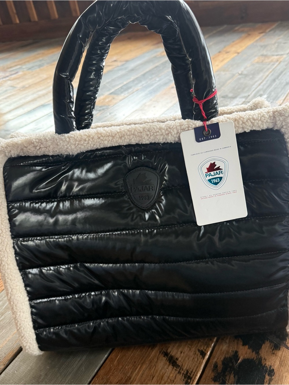 Pajar Black Quilted Tote with Cream Sherpa Trim